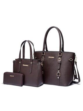 Women 3PC Tote Bag Set Wallet Shoulder Satchel PU Leather Handbag Coffee Brown